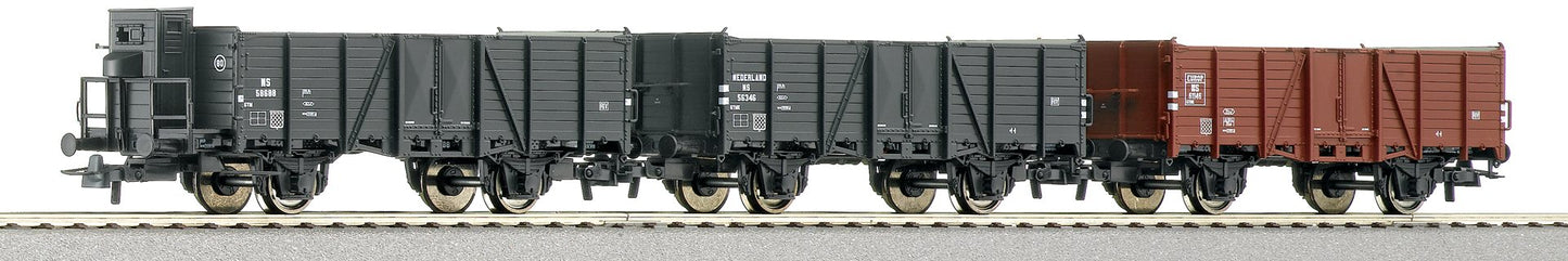Roco H0 - 66055 - Modeltrein goederenwagonset (1) - 3-delige goederenwagen-set met 2-assige hoge open bakwagens - NS