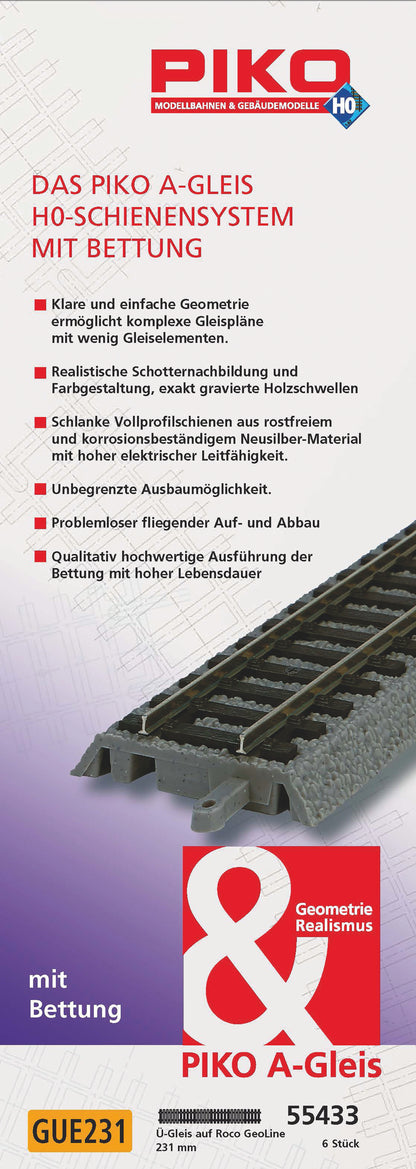 PIKO 55433 - A-Track Overgangsrail naar Roco GeoLine profiel met ballastbed (6 stuks)